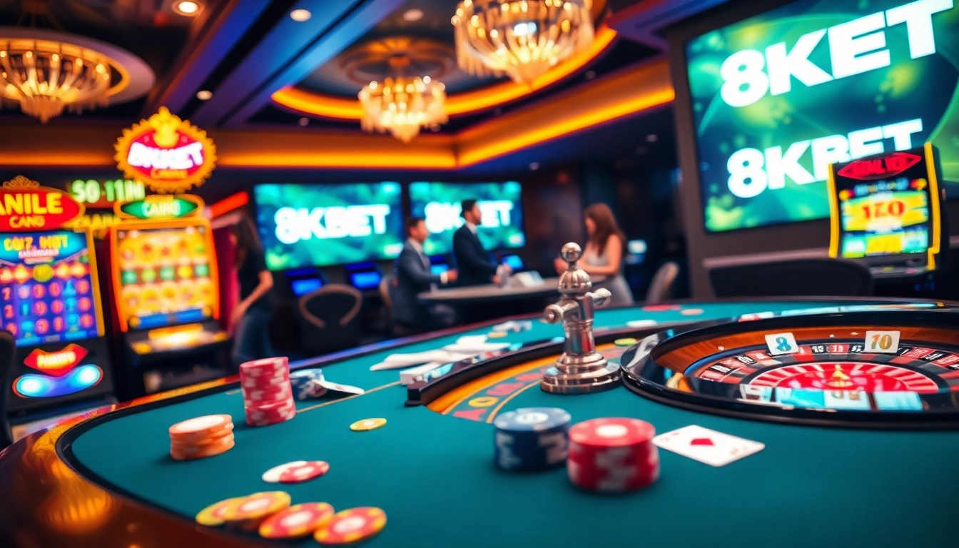 Players engaging in thrilling games at 8KBET's vibrant casino tables filled with excitement.