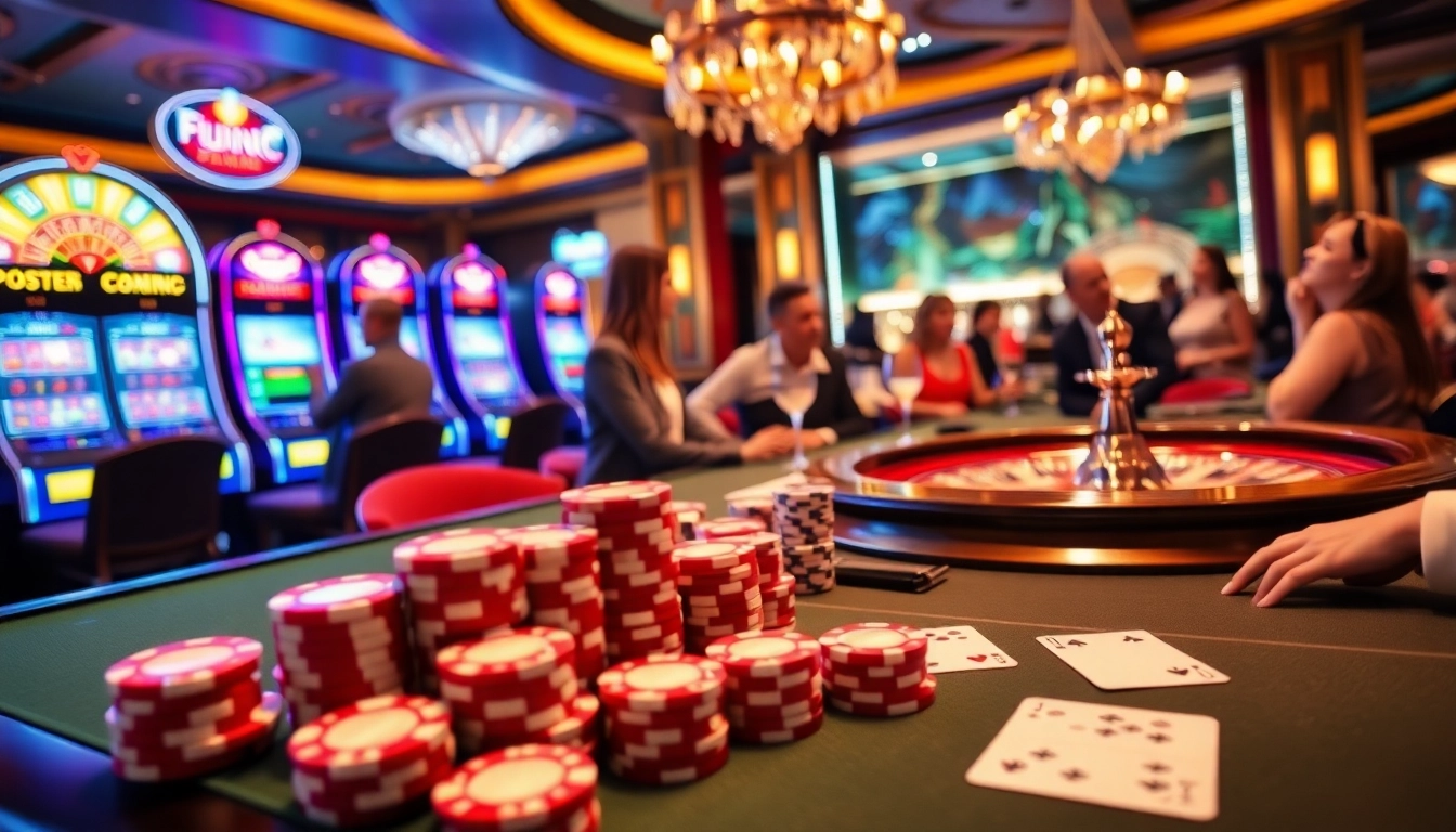 Experience the excitement of gambling at fun79 casino with vibrant poker tables and slot machines.