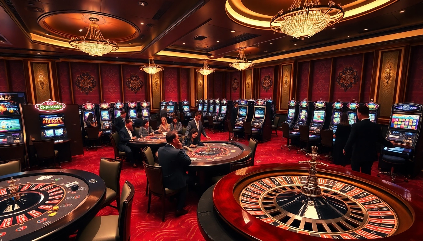Players enjoy a thrilling game at 65A's luxurious casino tables with vibrant slot machines.