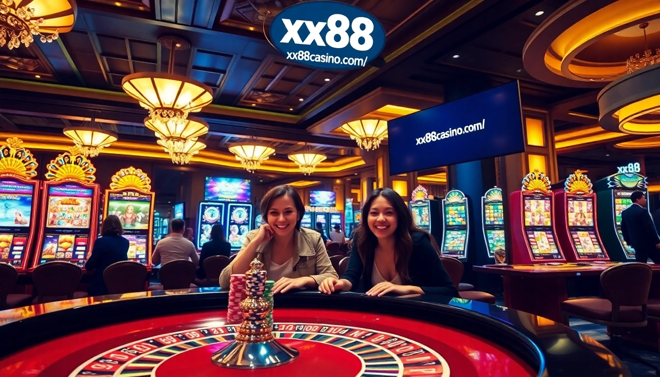 Experience excitement at https://xx88casino.com/ with gamblers winning at a roulette table under vibrant casino lights.