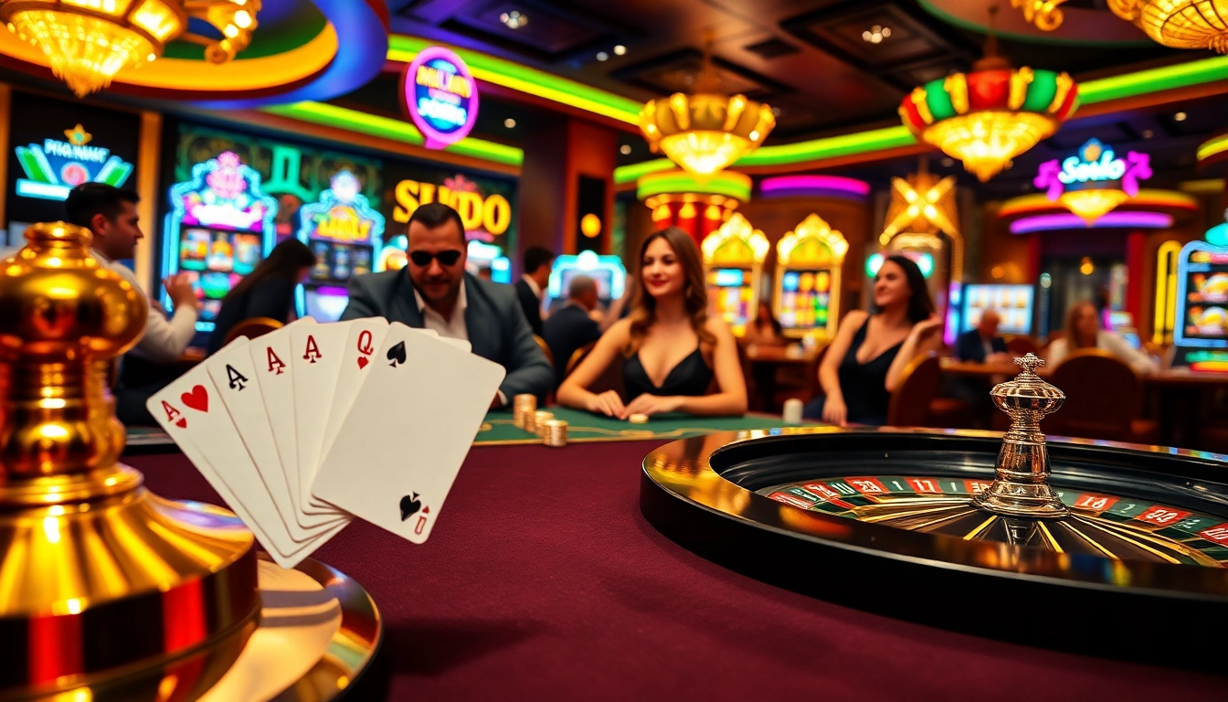 SODO Casino showcases a vibrant gaming atmosphere filled with high-stakes poker tables and lively players.
