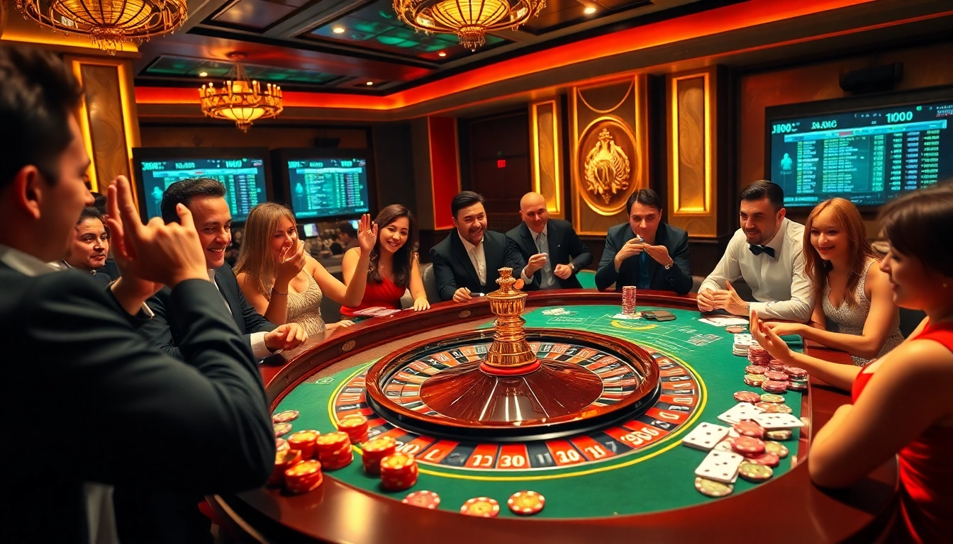 Players enjoy j88 on a vibrant gambling table filled with chips and cards.