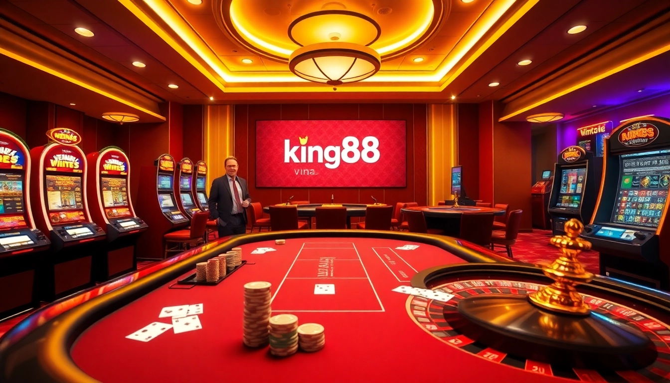 Experience thrilling gameplay at king88 vina with a vibrant casino setting featuring poker and slot machines.