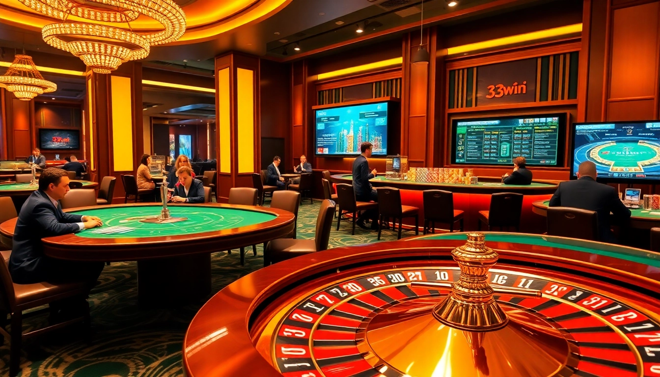 Exciting gaming action at 33win casino with poker tables and vibrant roulette wheel.