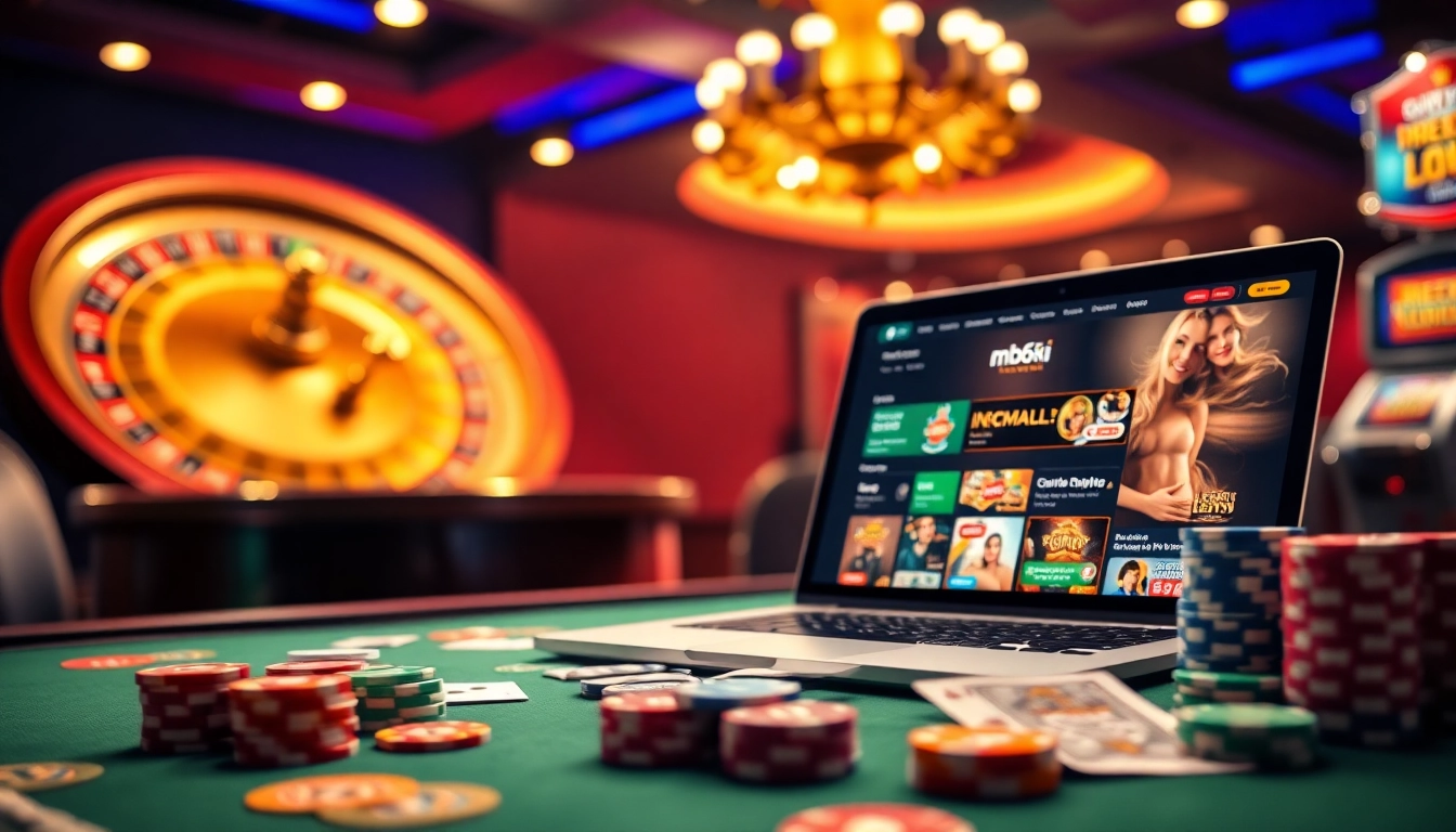 Experience the excitement of online gambling at mb66.ski with vibrant casino elements showcasing poker, slots, and winning opportunities.