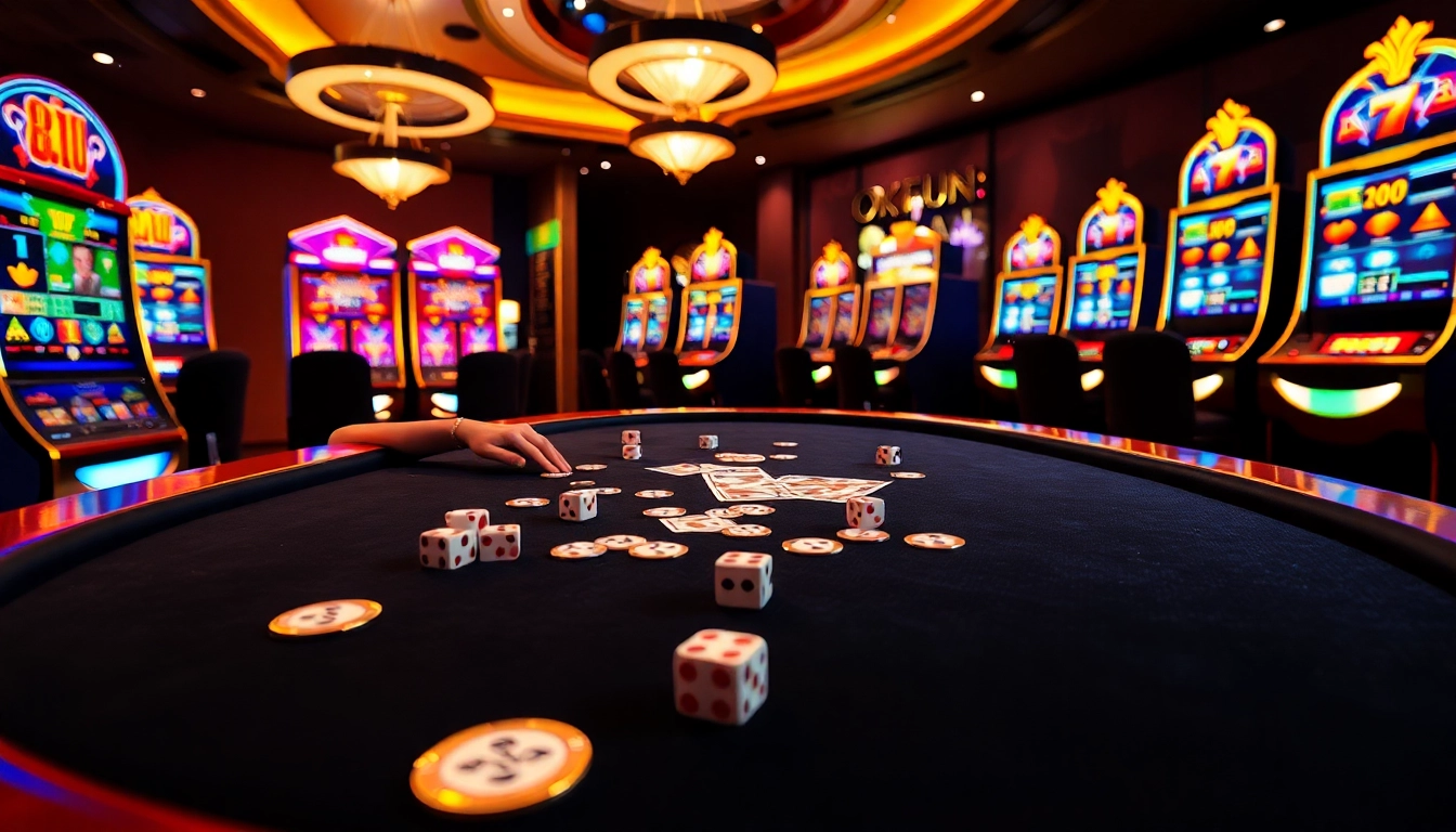Experience the thrill of high-stakes gaming at OKFUN casino with vibrant slot machines and poker action.