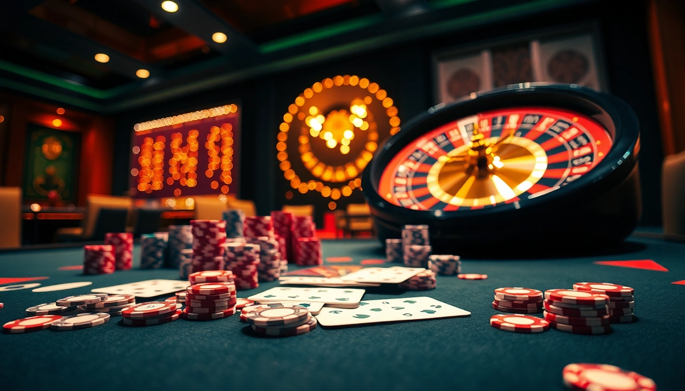 Exciting scene of a casino table showcasing kèo nhà cái bet88 with vibrant poker chips and cards.