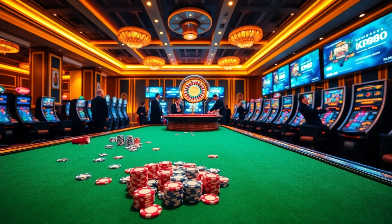 Players enjoy an exhilarating game at KP88 casino table, surrounded by vibrant lights and luxury.