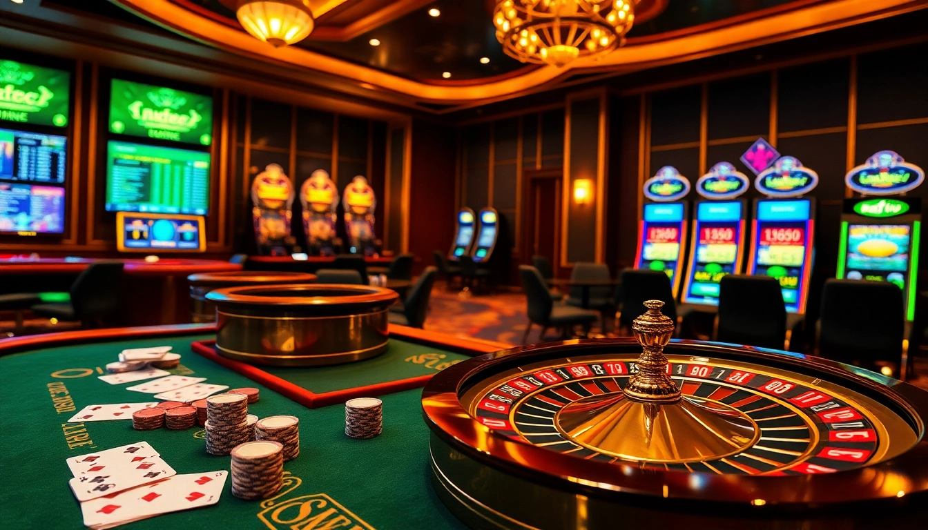 Experience the excitement of rikvip as players engage with casino tables, cards, and vibrant slot machines.