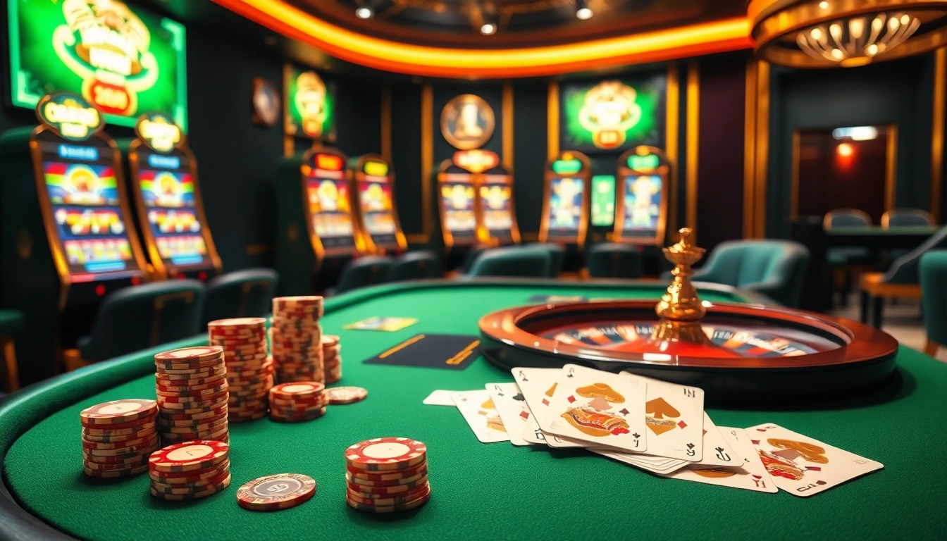 Experience the thrill of nk88 win with vibrant casino tables, chips, and spinning roulette wheels.