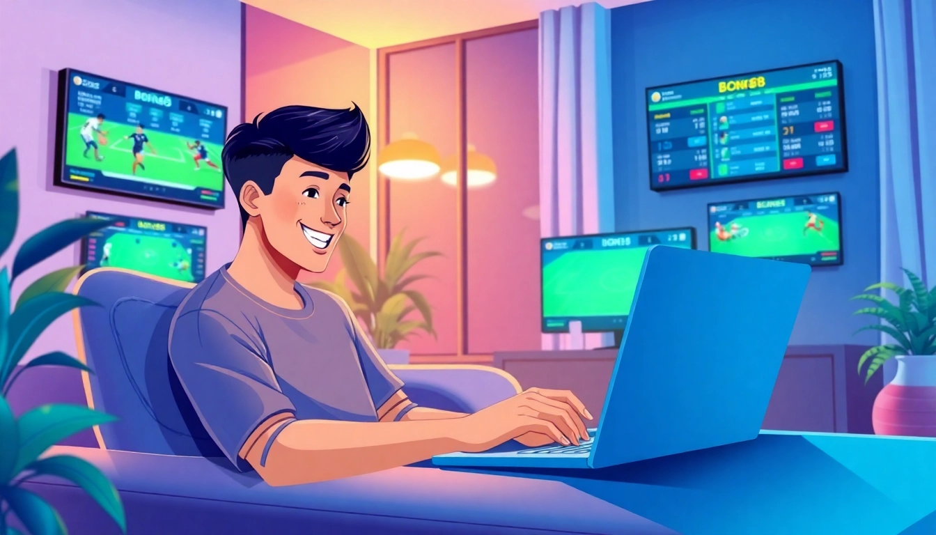 Bong88 online betting scene showcasing a user placing sports bets in a vibrant, modern setting.