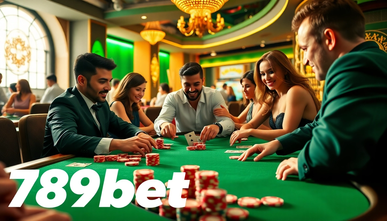 Exciting poker game scene at 789bet showcasing players, chips, and dealer.