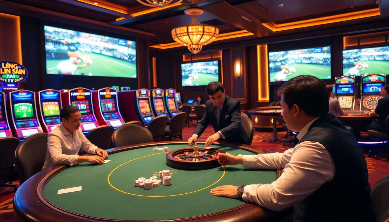 Professional gamblers engaged in intense poker at a luxurious casino, featuring Lương Sơn TV screens showing football matches.
