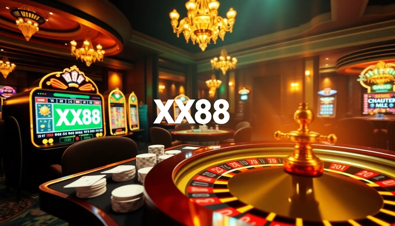 Experience thrilling gameplay with XX88 at a luxurious online casino featuring vibrant slot machines and poker tables.
