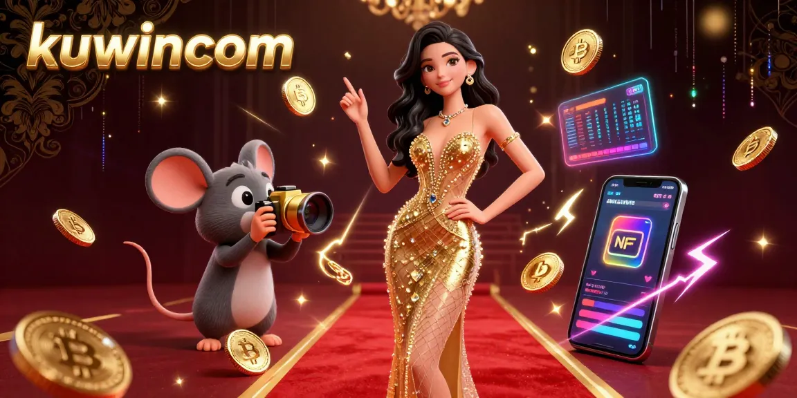 Kuwincom offers thrilling online casino experiences, showcasing a stunning character on the red carpet amidst vibrant cryptocurrency elements.