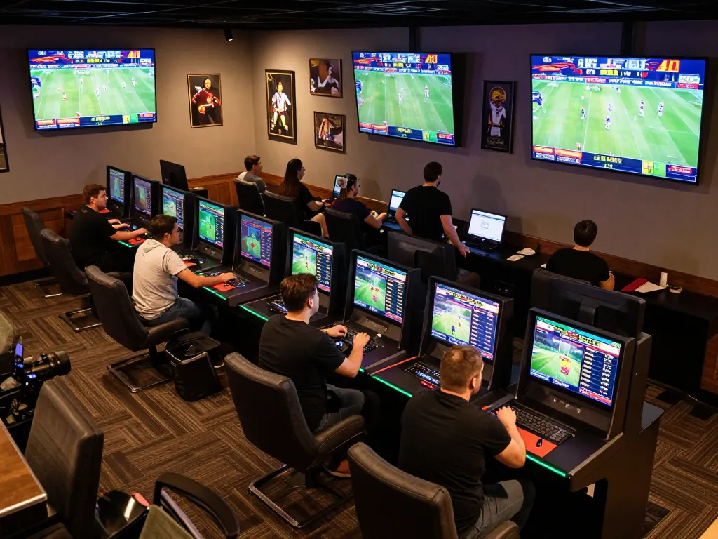 Excited bettors engaging with the sports betting lounge at Tylekeo, analyzing odds and placing wagers.