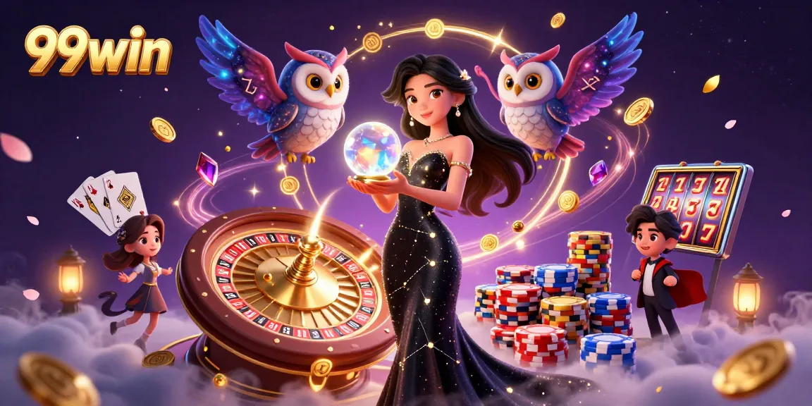 Experience the excitement of 99win with a magical casino scene filled with vibrant game elements.