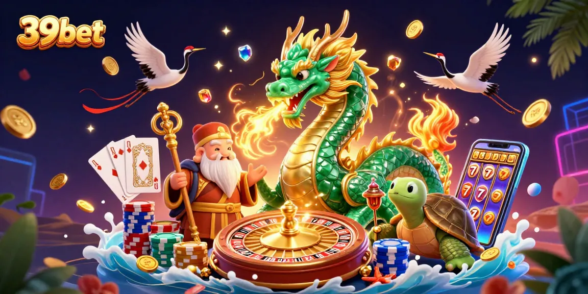 Visualize 39bet's vibrant gaming universe with animated dragons, lucky symbols, and jackpot excitement.