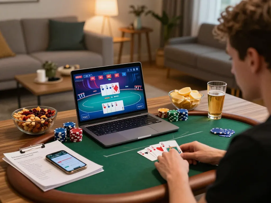 FLY88 player immersed in an exciting online poker game at home, showcasing strategic gameplay and cozy decor.