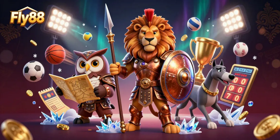 Engage with the Fly88 gaming universe, featuring a Spartan lion and dynamic sports elements.