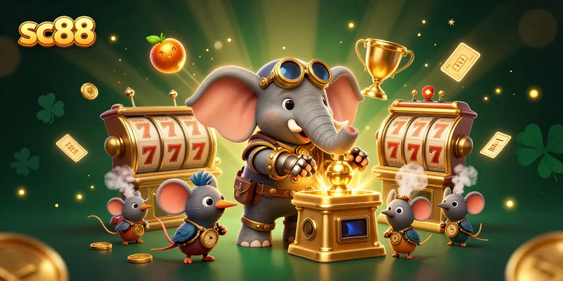 Spin the golden slot machine with sc88's steampunk character amidst rich casino elements.