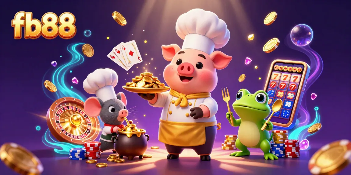 Experience winning moments at fb88 with a chef pig serving gold coins, vibrant casino elements surrounding.