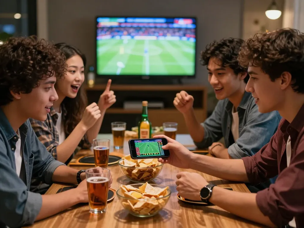 Friends enjoying a sports betting night, actively analyzing odds via smartphone while discussing แทงบอล strategy.