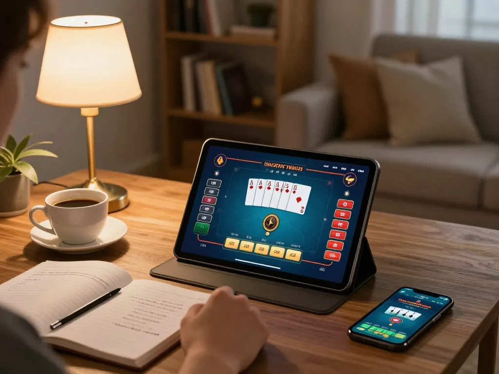 MM88 online gambling with a person using a tablet in a cozy home setting for strategic gameplay.