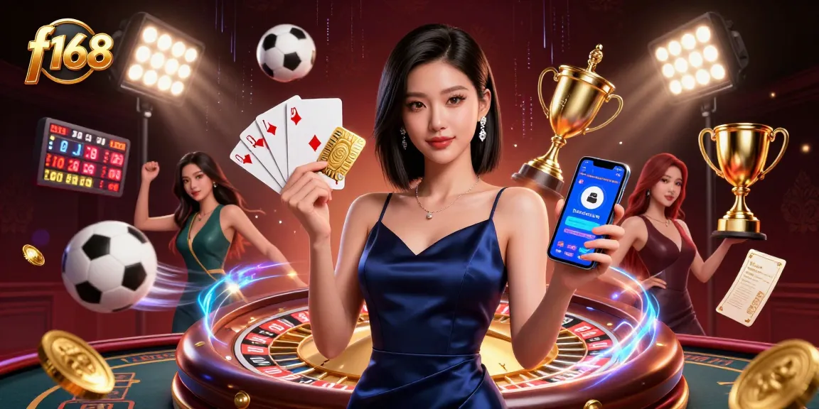 Experience thrilling sports betting at f168 with an Asian woman holding a casino app and golden chip.