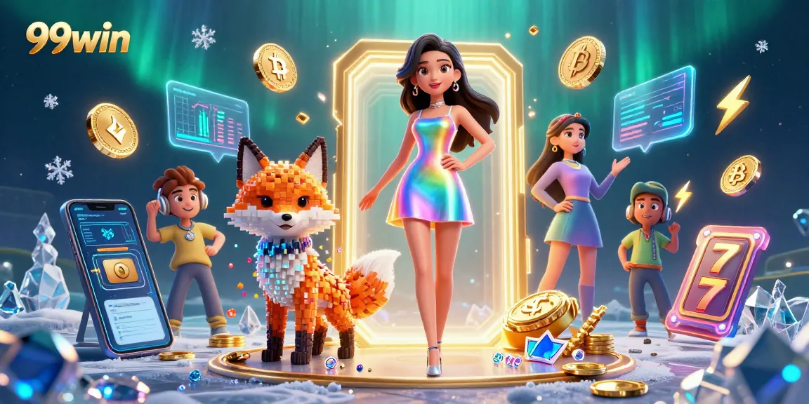 Spin the reels at 99win with vibrant characters and dazzling neon slot elements.