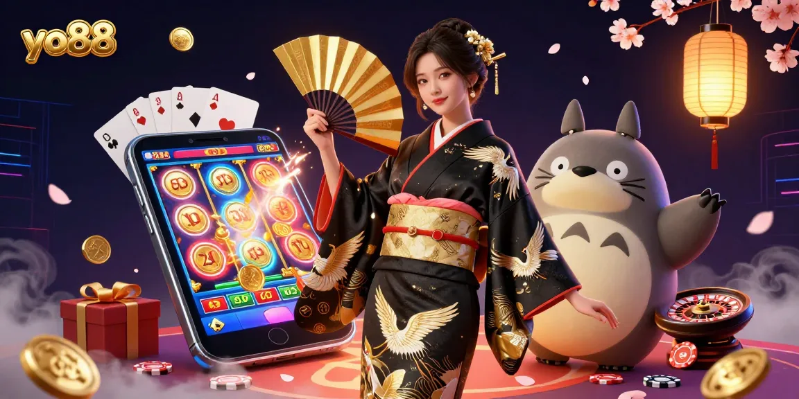 Experience thrilling gaming at yo88 with a vibrant scene showcasing a woman in traditional attire and casino elements.