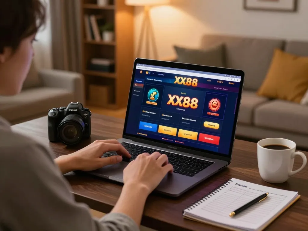 Player enjoying the XX88 online casino on a laptop amidst a cozy home setup, reflecting responsible gaming.