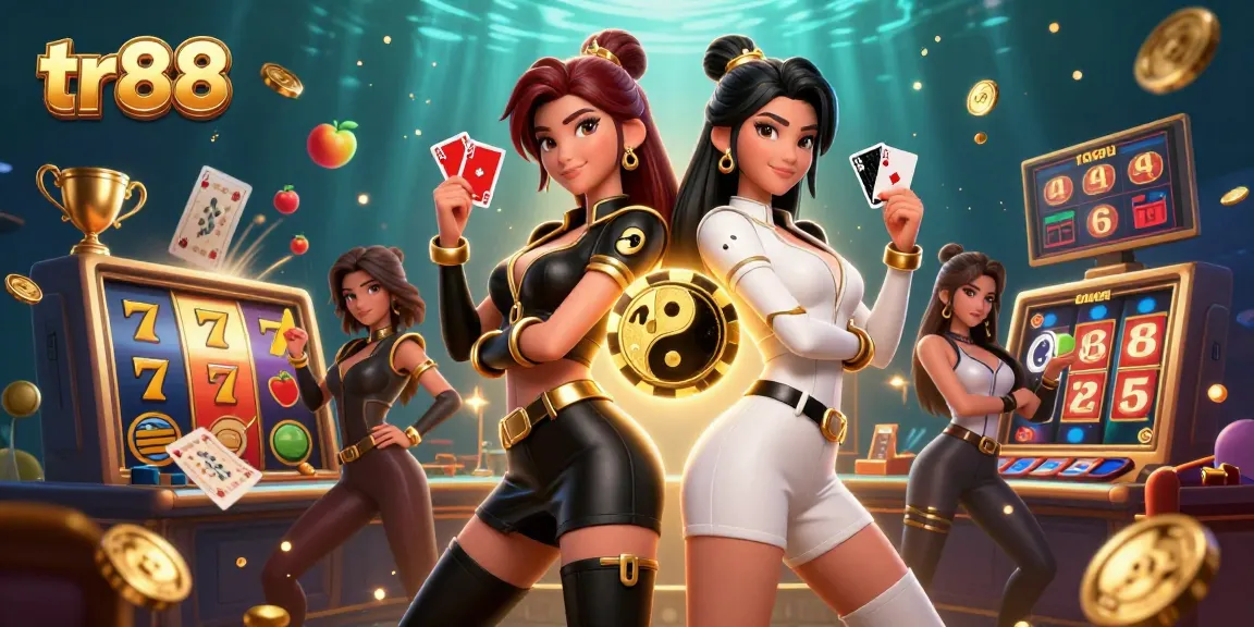 Join the excitement at tr88 with stunning visuals of casino gaming, featuring dynamic slot reels and vibrant characters.