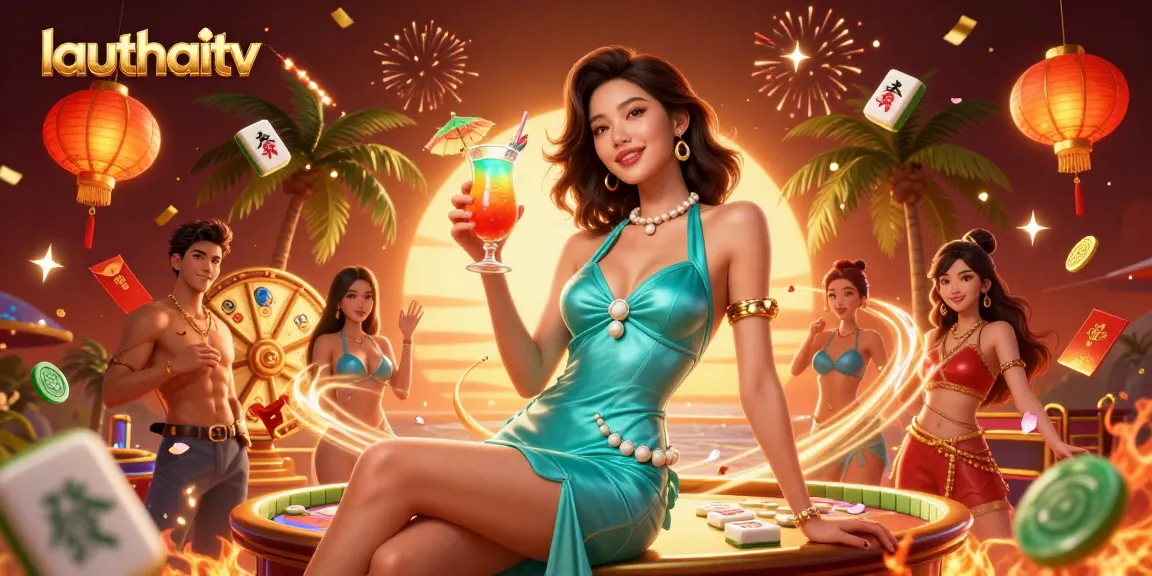Experience the lively world of lauthaitv with vibrant characters at a tropical casino celebration.