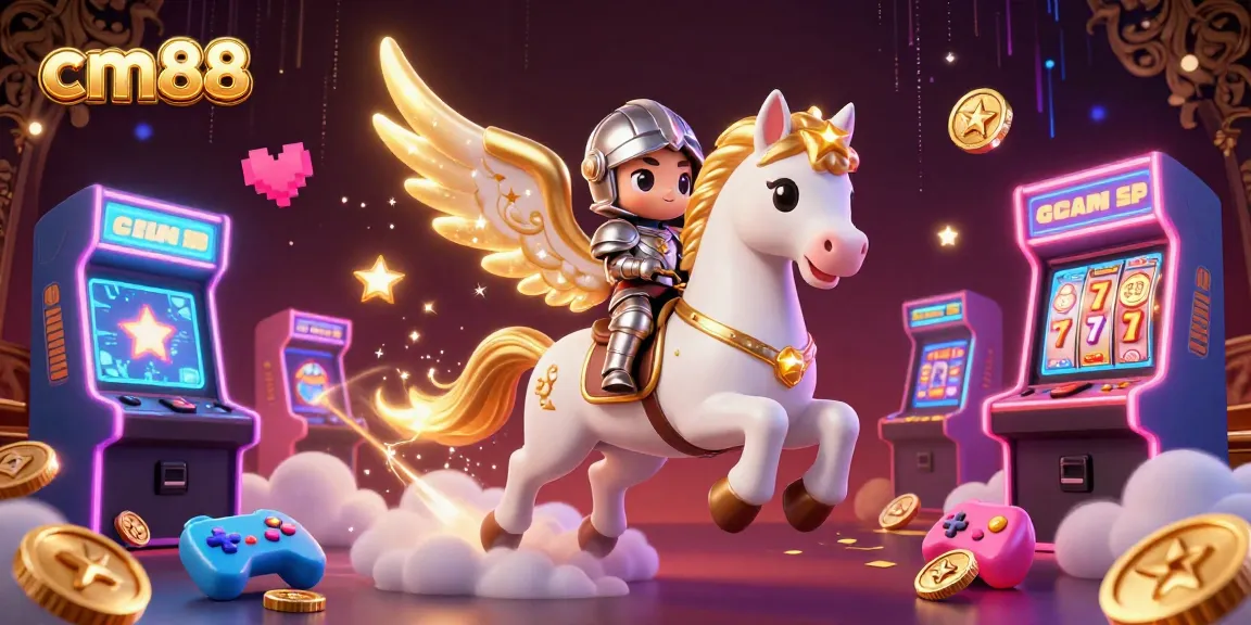 Experience slots at cm88 with a dazzling scene of a celestial horse and arcade games.