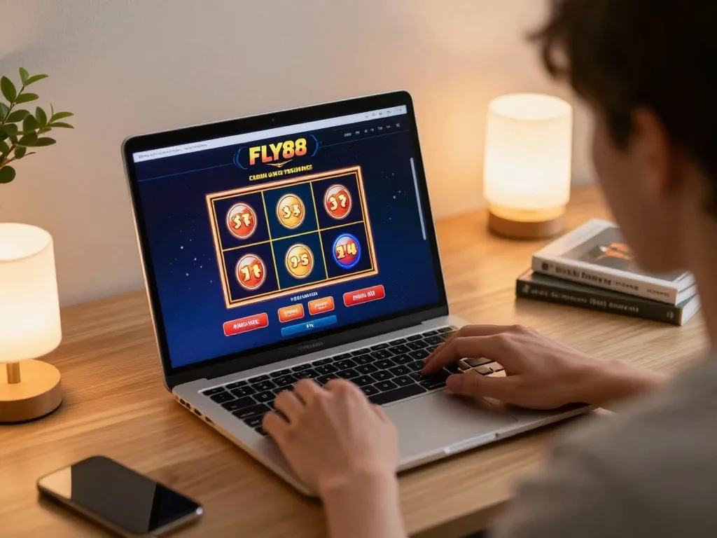 Engaging gameplay on FLY88 online casino interface with vibrant slot graphics in cozy home setting