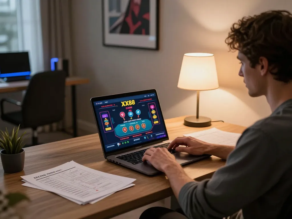 Player engaged with XX88's live dealer game interface in a stylish home office setup.