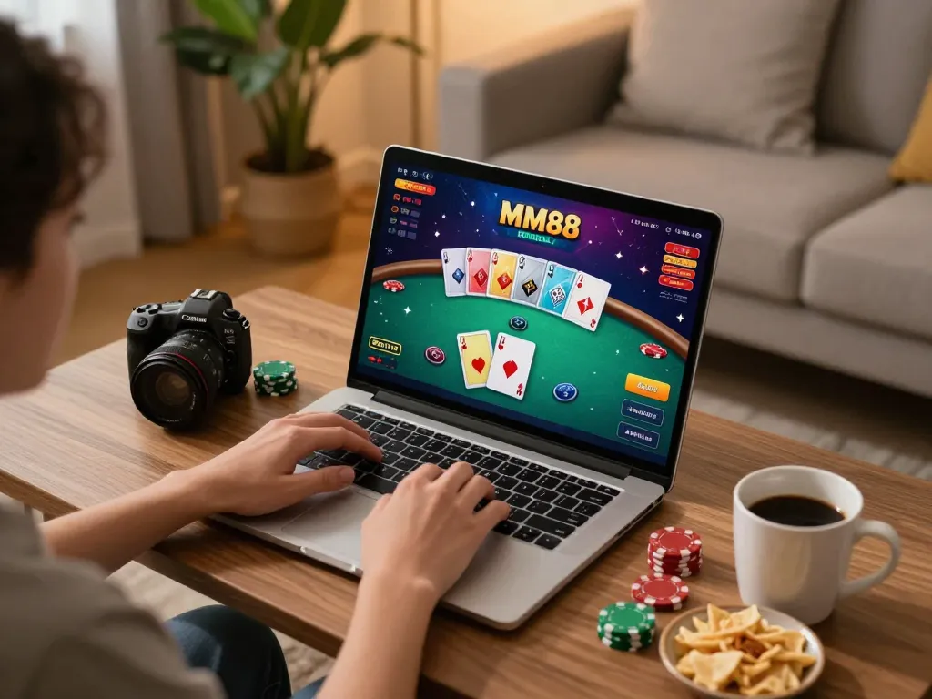 Player enjoying MM88 casino games on laptop in cozy home environment with snacks and warm lighting.
