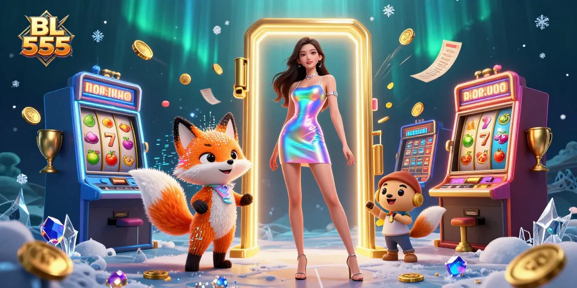 Engage with the vibrant BL 555 casino experience with dynamic slot machine elements and colorful visuals.