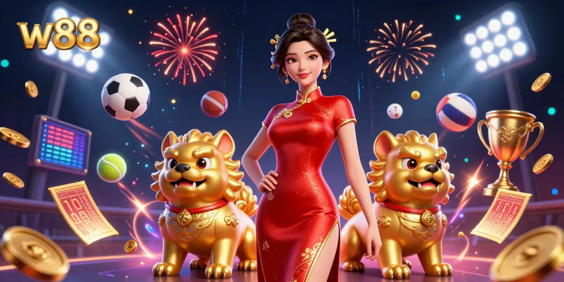 Experience w88's dynamic gaming atmosphere with a captivating Asian woman and playful golden foo dogs.