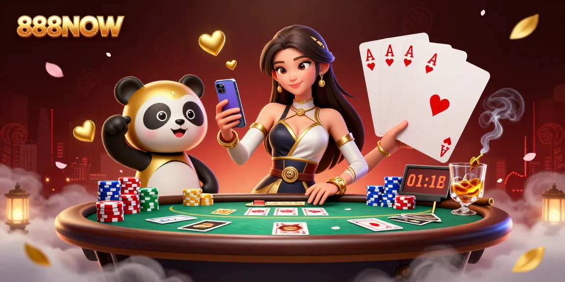 Join the excitement of 888NOW with an engaging scene featuring casino action and vibrant characters.