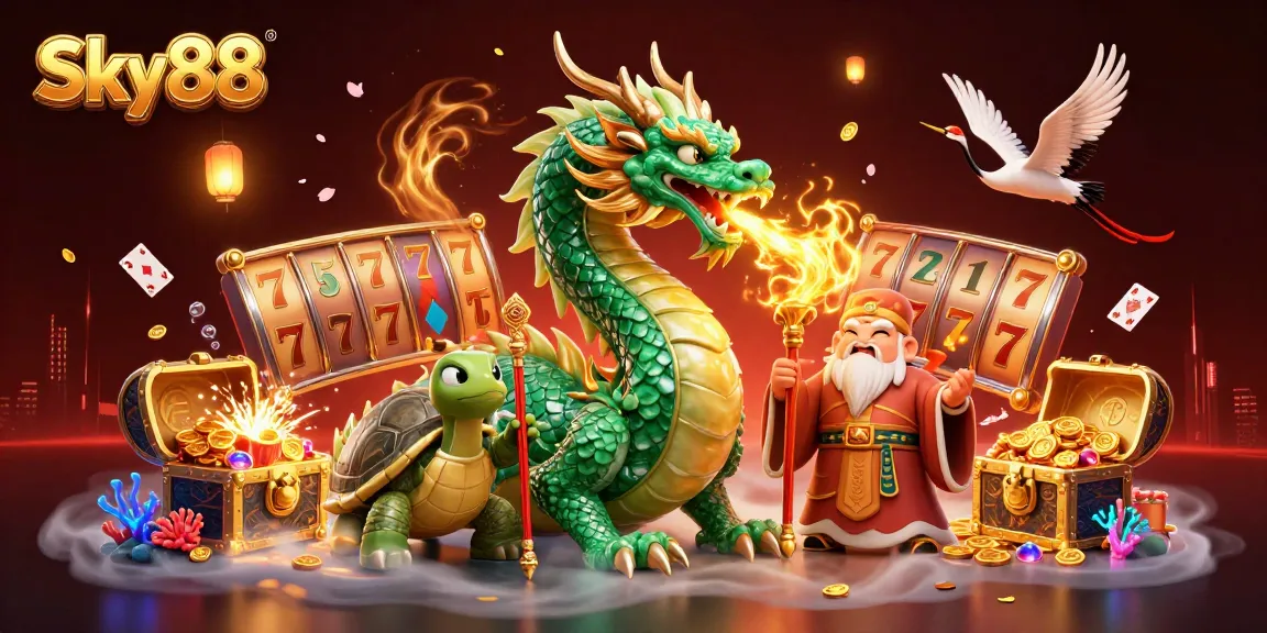 Spin the slots for big wins at Sky88 with a splendid scene featuring a jade dragon and vibrant casino elements.