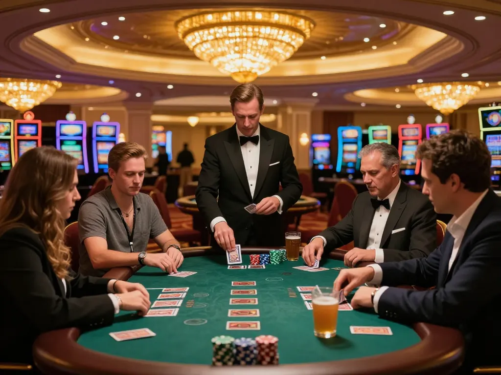 Players at alo8 blackjack tables strategizing their next move in a vibrant Vegas casino.