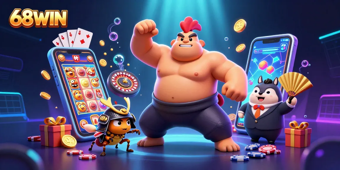 Engaging 68WIN casino experience showcasing a powerful sumo rooster and mobile slot game elements.