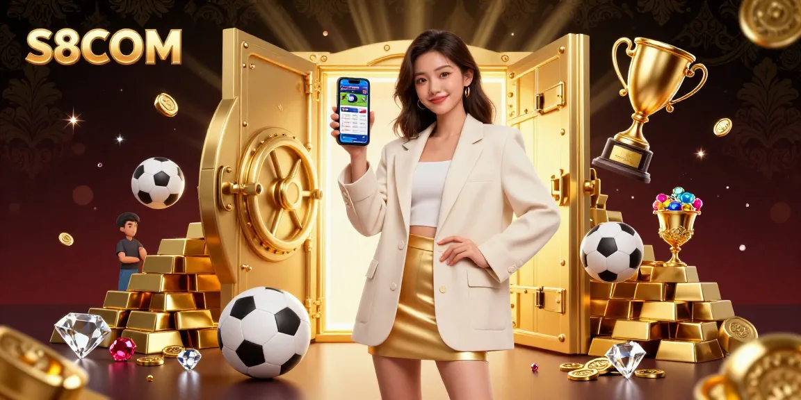 S8COM showcases a winning online sports betting experience with an elegant character holding a betting app.