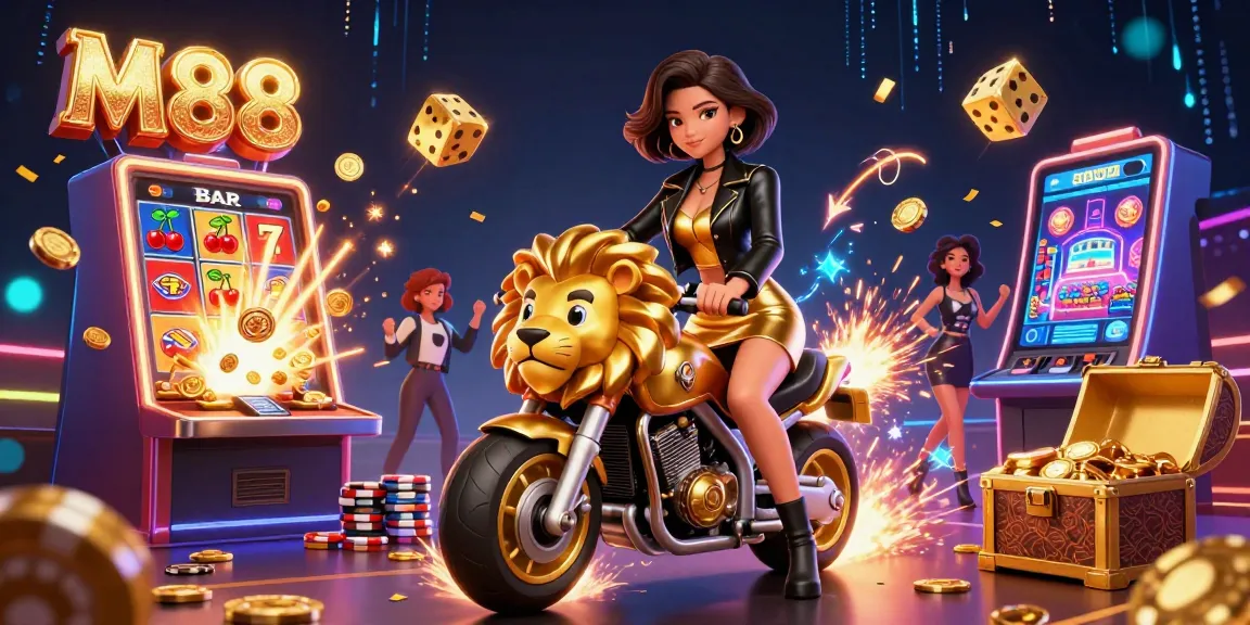 M88 offers thrilling casino excitement as a glamorous woman rides a golden lion with sparks flying and jackpots bursting.