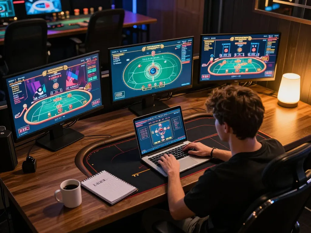 Engaging online poker gameplay with soibetzz during a cozy home evening session, showcasing strategy and comfort.