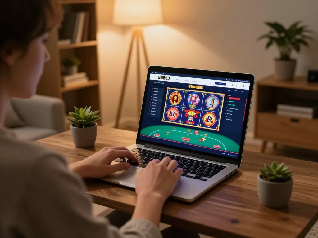 Engaging with the trang chủ 28BET platform on a laptop in a cozy home gaming setup.
