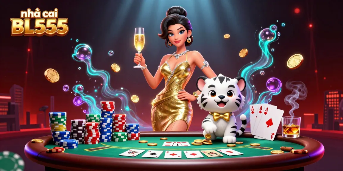 nhà cái BL555 features a glamorous woman and a lucky white tiger amidst gold coins and poker elements