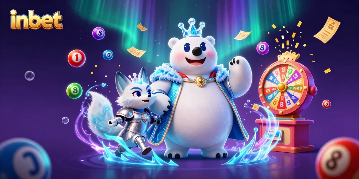 Engage with inbet's exciting lottery scene featuring a polar bear and snow fox amidst colorful games.